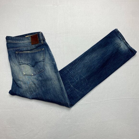Guess Lincoln Slim Straight Jeans Men's 38 Blue Denim Distressed Destroyed